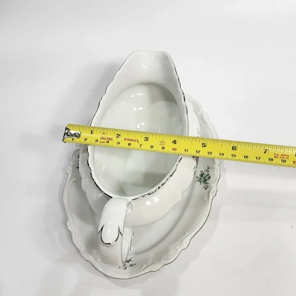 Crown‎ Bavaria Gravy Boat w Attached Underplate Germany Silver Trim Bouquet